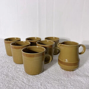 Vintage Japan Stoneware Brown 6 Mug & Creamer Set